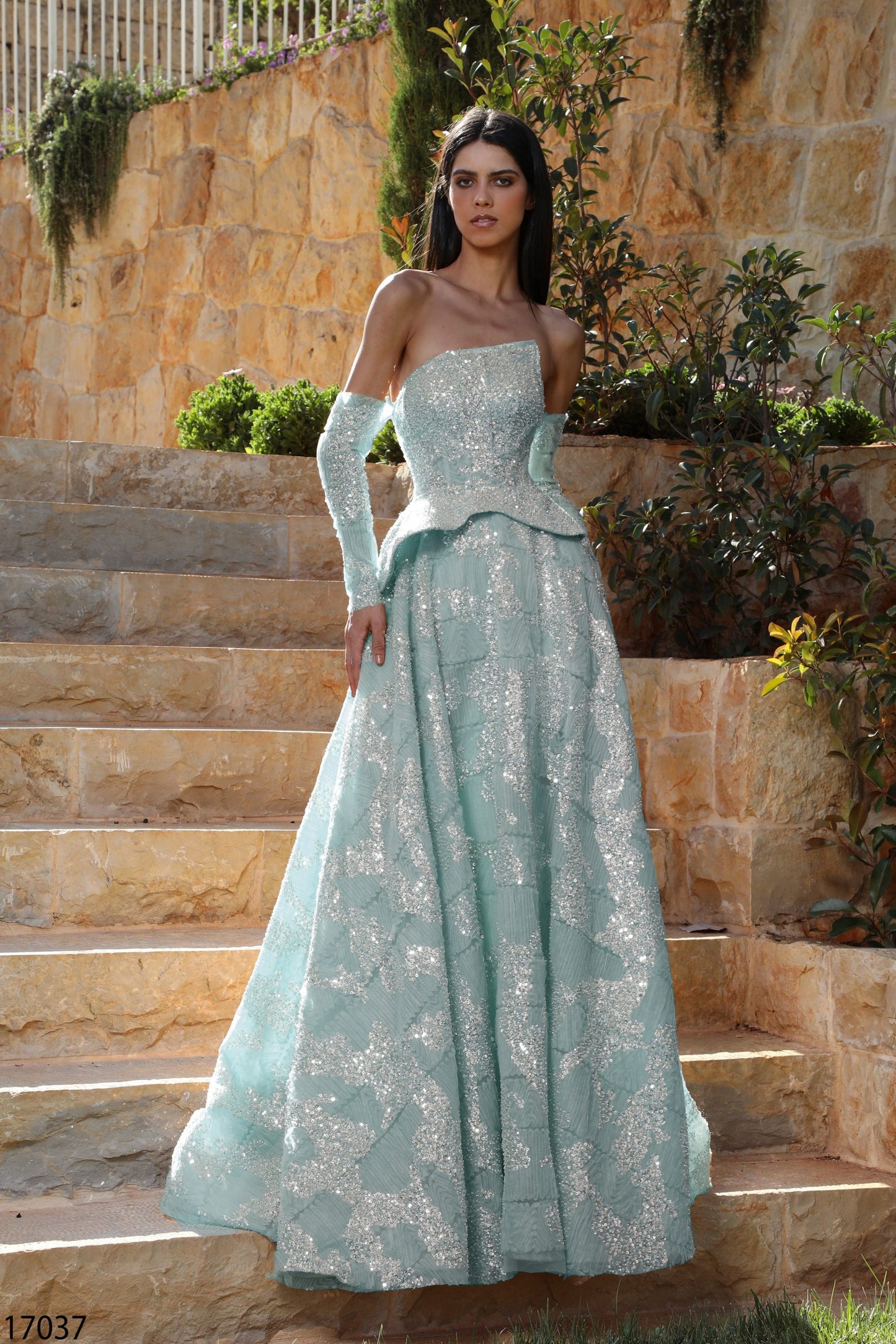 Strapless Textured Gown with Matching Gloves - Style 17037