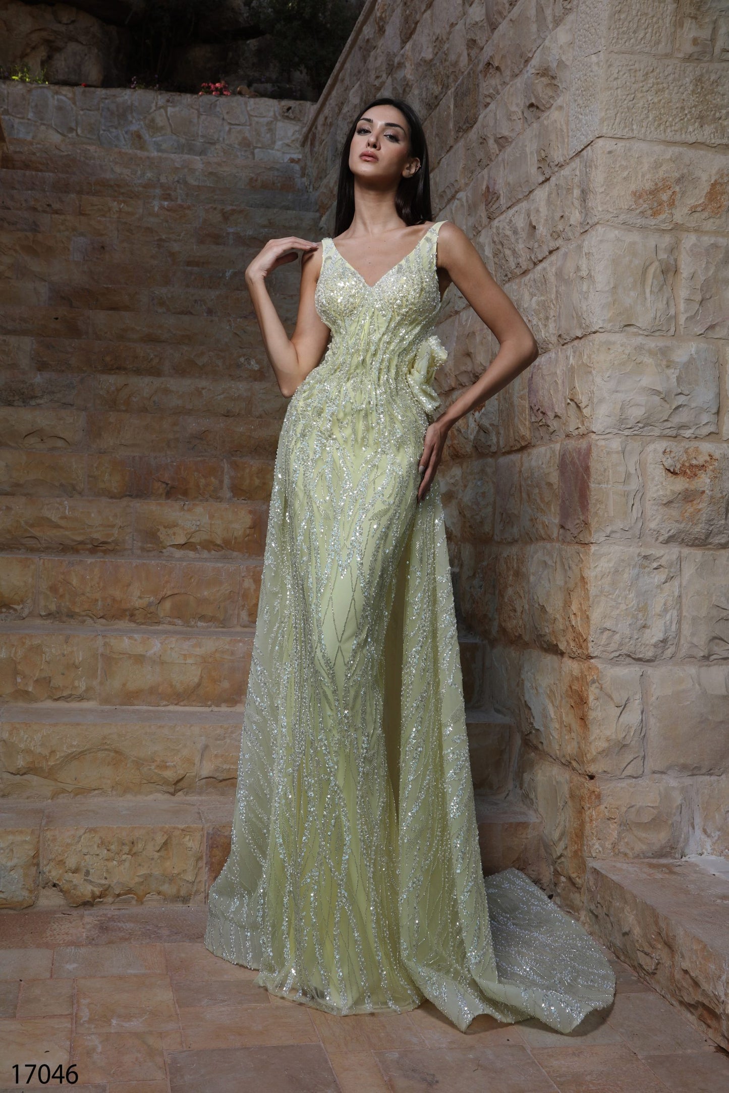 Starlight Bloom: Sequin Beaded Gown with Draped Rosette Waist – Yellow & Green
