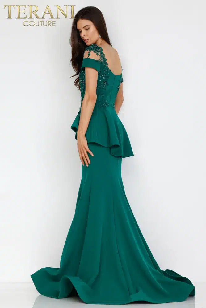 Terani-Couture-2111M5262-Short-Sleeve-Peplum-Long-Gown-Emerald-Green-Back-View - Rofial Beauty