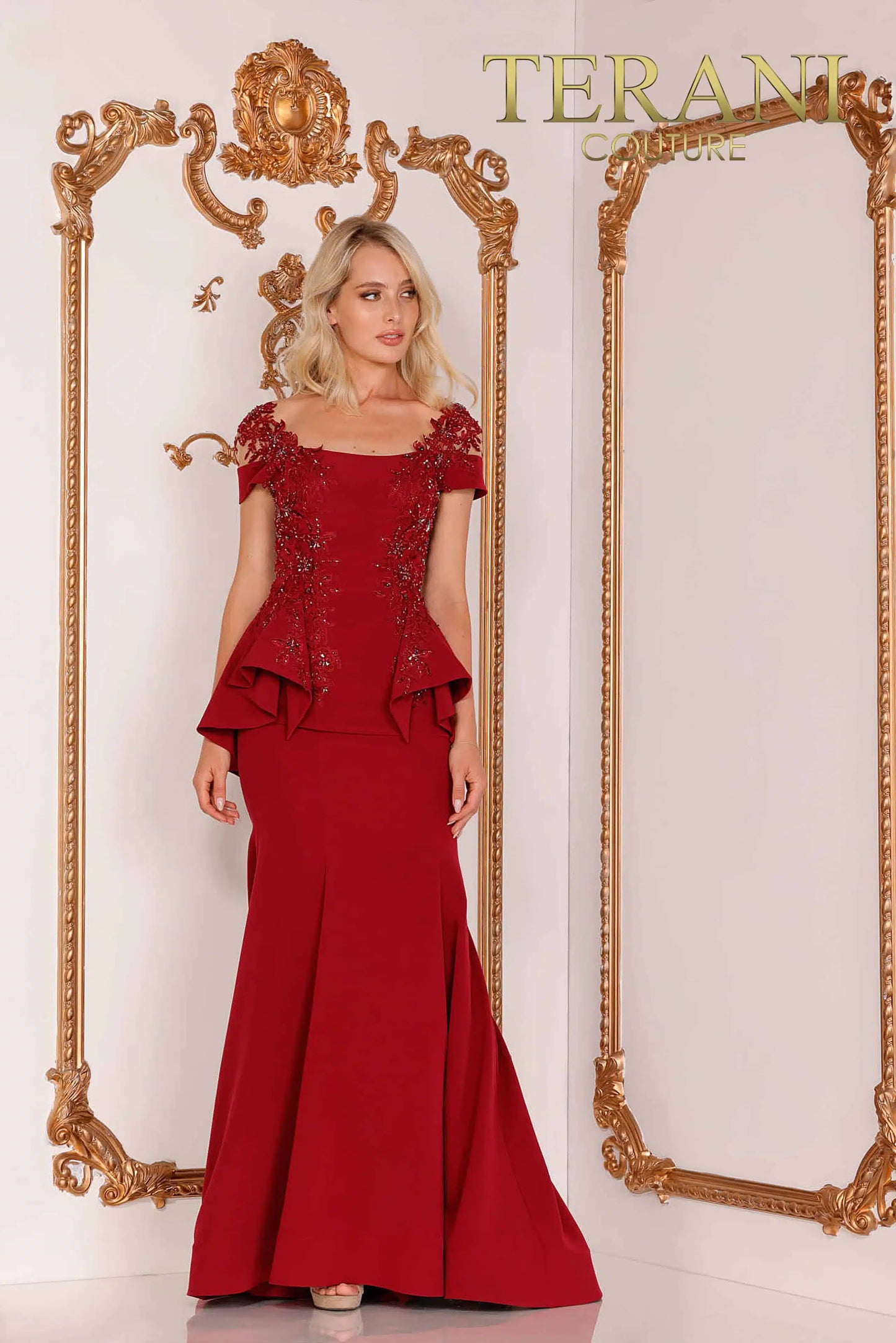 Terani-Couture-2111M5262-Short-Sleeve-Peplum-Long-Gown-Emerald-Red-Front-View - Rofial Beauty