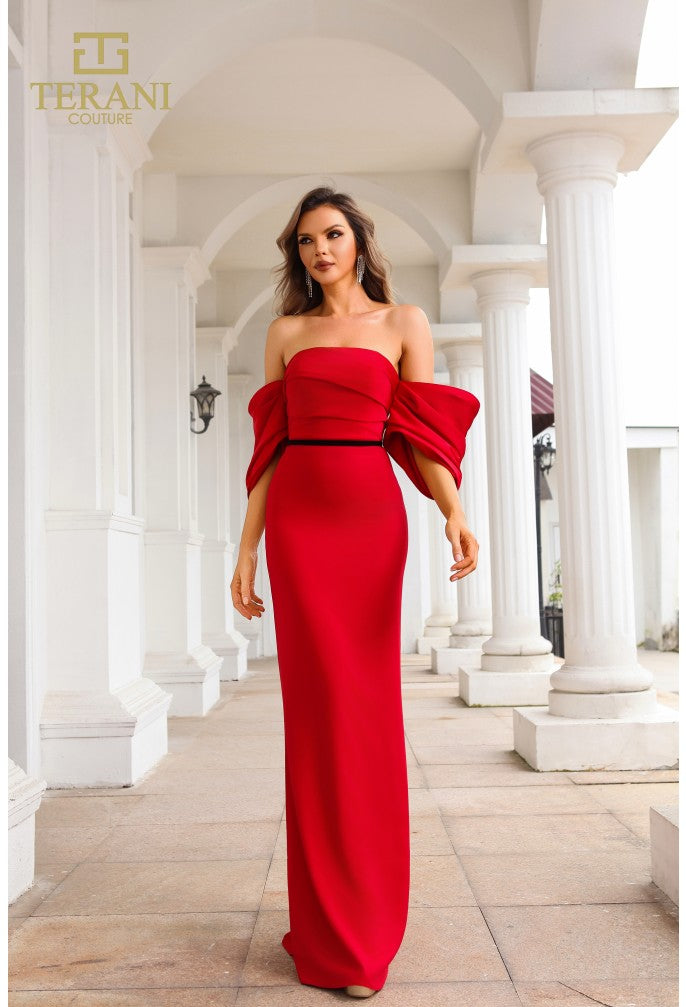 Terani Couture 251E4204 Matte Satin Off-Shoulder Sheath Gown with Back Slit – Red