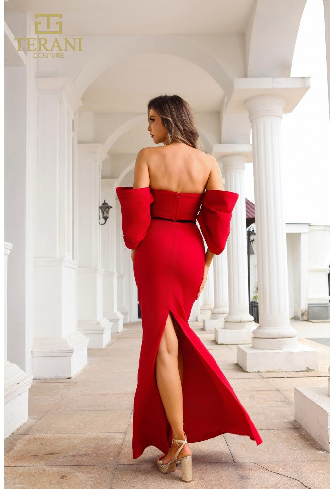Terani Couture 251E4204 Matte Satin Off-Shoulder Sheath Gown with Back Slit – Red