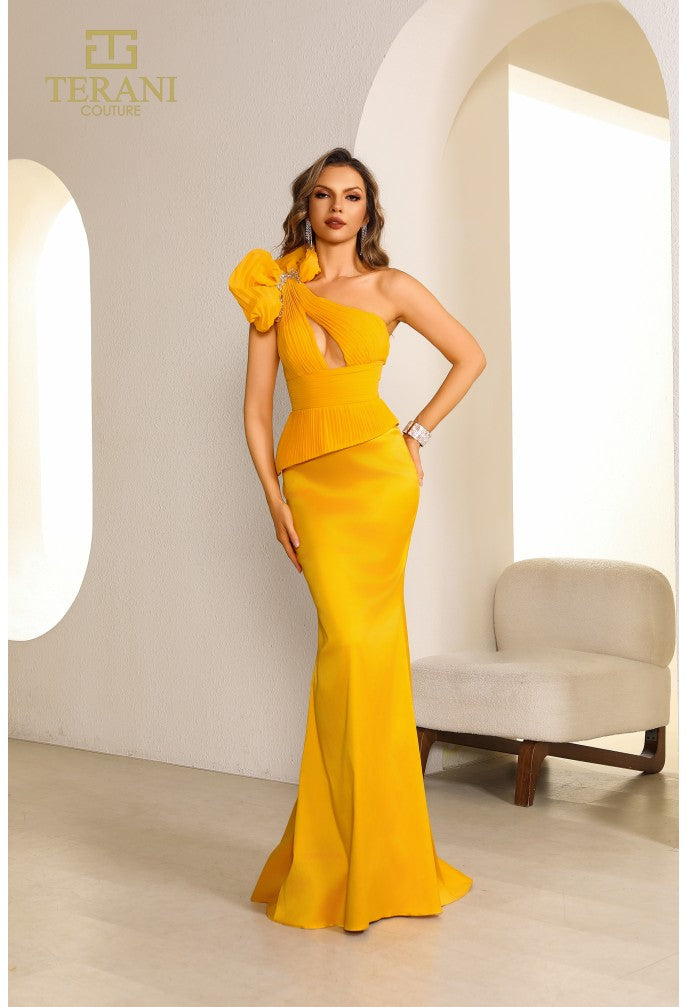 Terani Couture 251E4578 Asymmetric Satin One-Shoulder Evening Dress – Tangerine