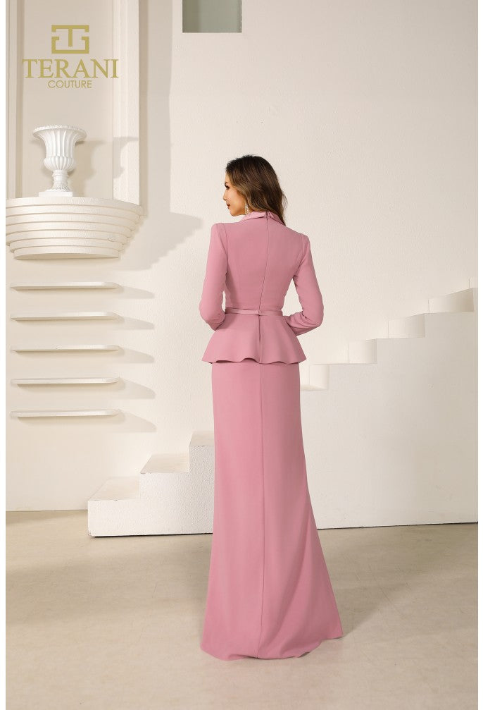 Terani Couture 251M4572 Long Sleeve Ruffle Detail Sheath Gown – Dusty Rose or Navy