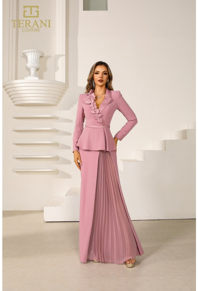 Terani Couture 251M4572 Long Sleeve Ruffle Detail Sheath Gown – Dusty Rose or Navy