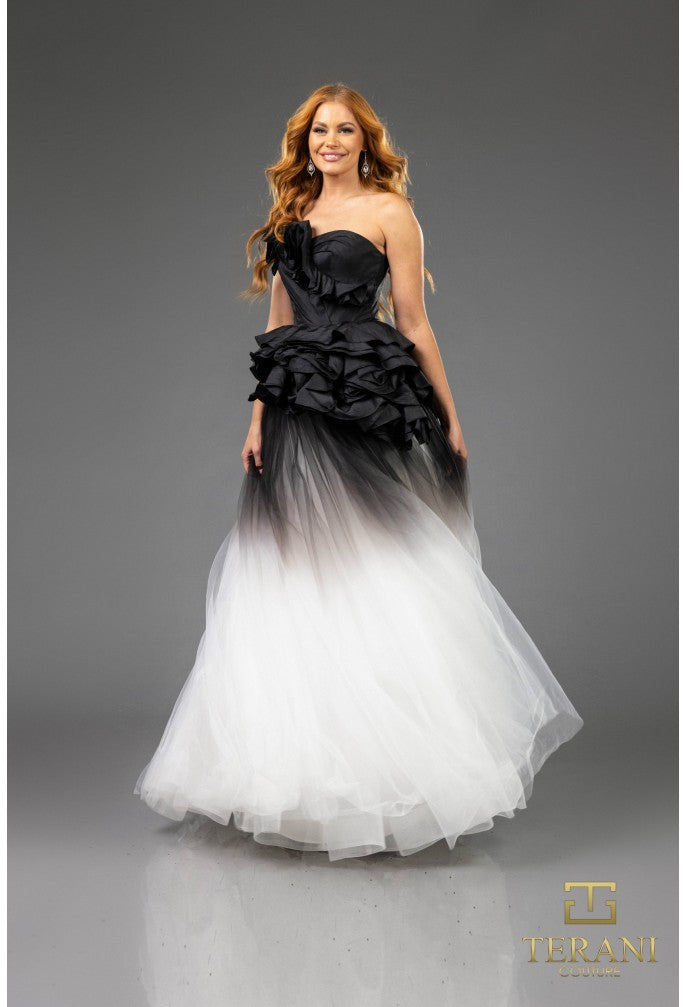 Strapless Black & White Ombré Ball Gown with Ruffled Bodice – Terani Couture 251P4270
