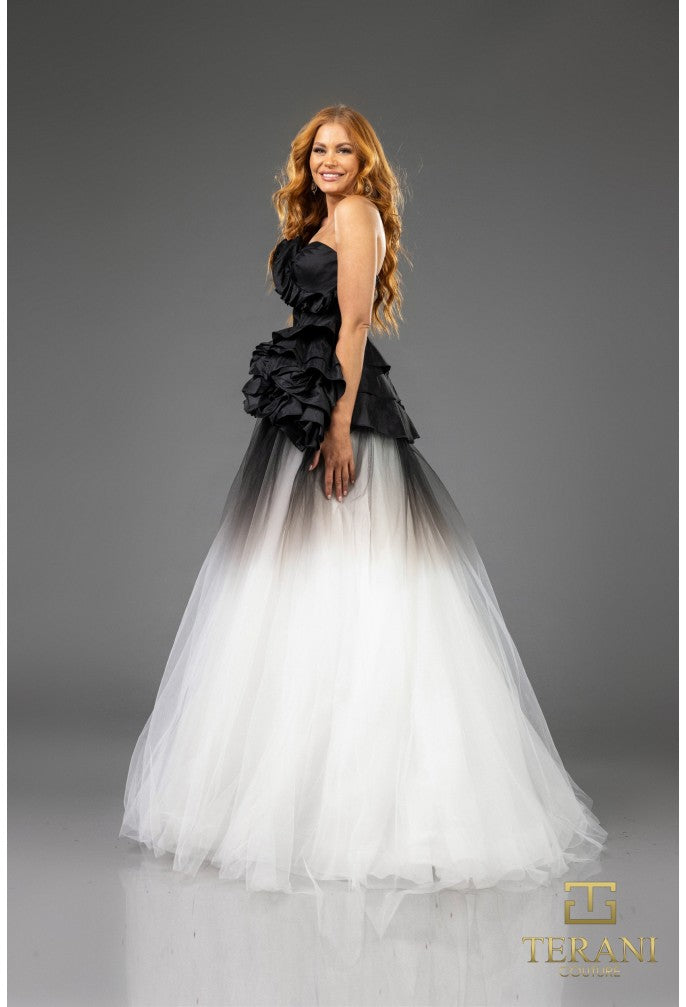 Strapless Black & White Ombré Ball Gown with Ruffled Bodice – Terani Couture 251P4270