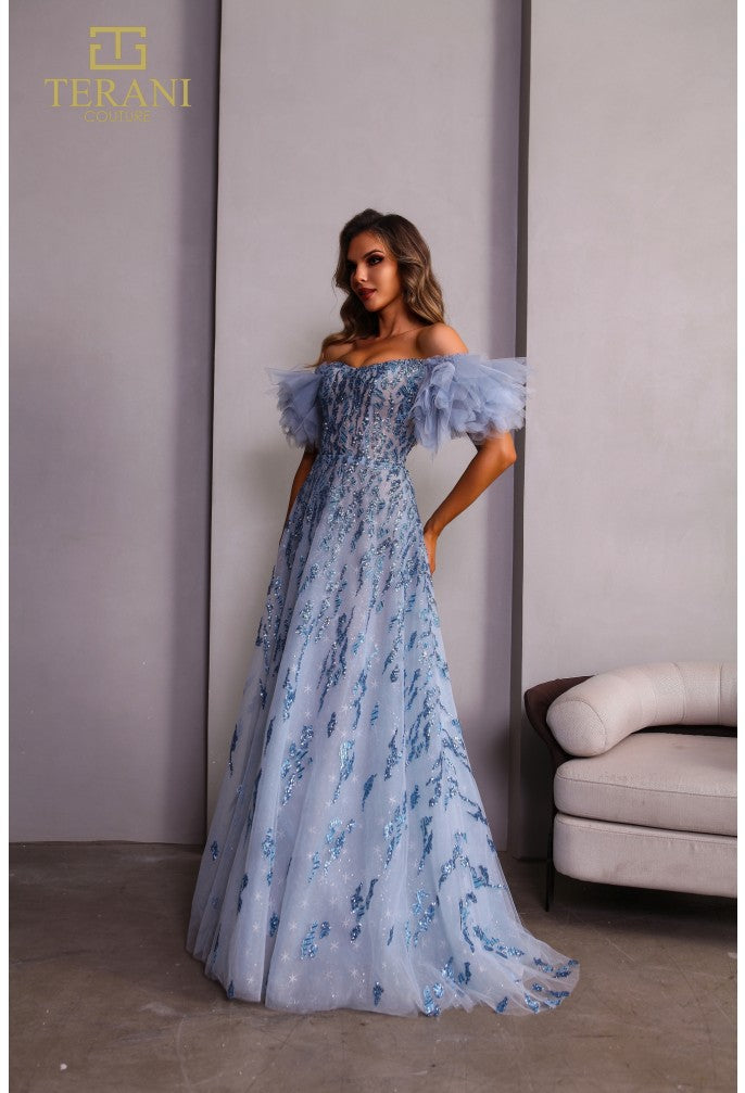 Blue Off-Shoulder Tulle Ball Gown with Sequin Embroidery – Terani Couture 251P4500