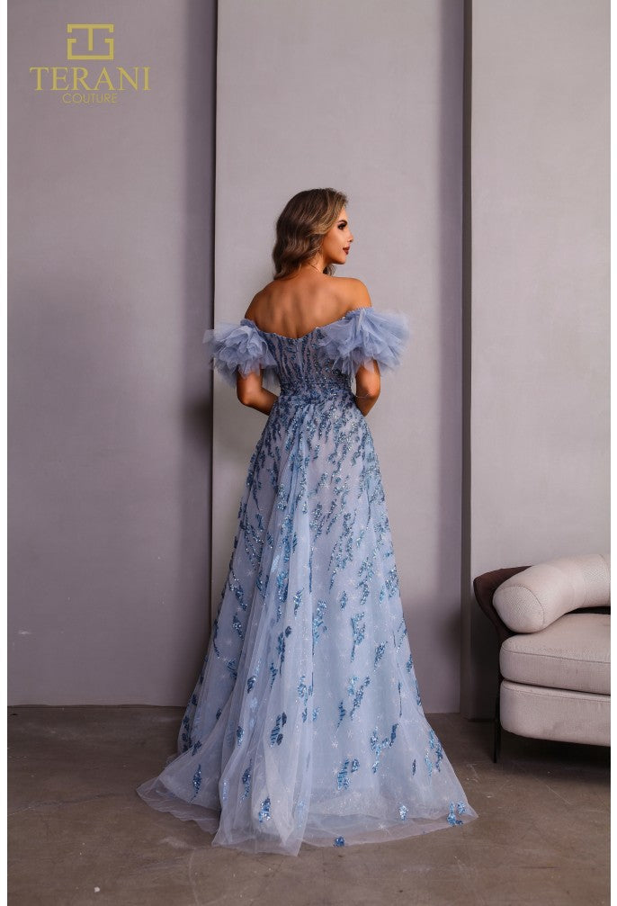 Blue Off-Shoulder Tulle Ball Gown with Sequin Embroidery – Terani Couture 251P4500