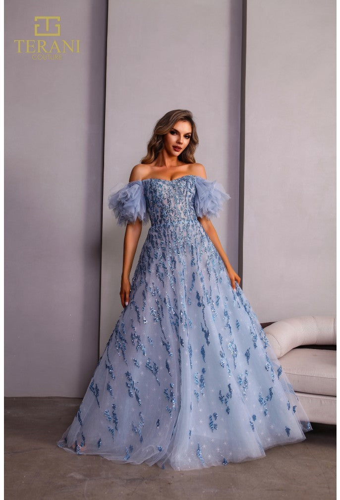 Blue Off-Shoulder Tulle Ball Gown with Sequin Embroidery – Terani Couture 251P4500