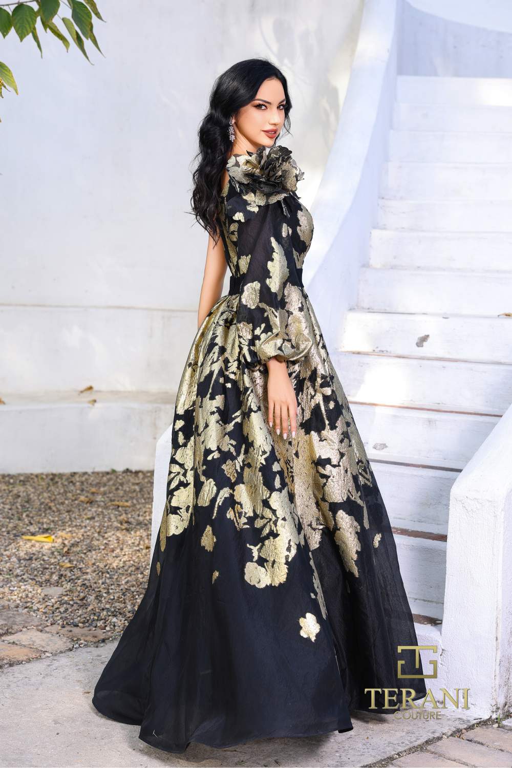 Terani Couture 252E5140 Black/Gold One-Shoulder Metallic Floral Ballgown Evening Dress