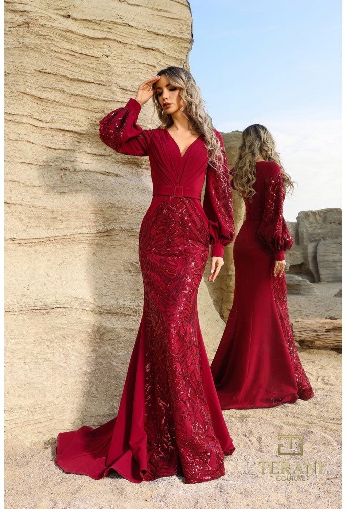 Terani Couture 252E5129 Fit-and-Flare Sequin Bishop Sleeve Evening Gown – Wine