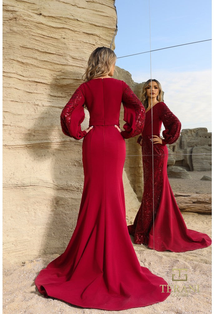 Terani Couture 252E5129 Fit-and-Flare Sequin Bishop Sleeve Evening Gown – Wine