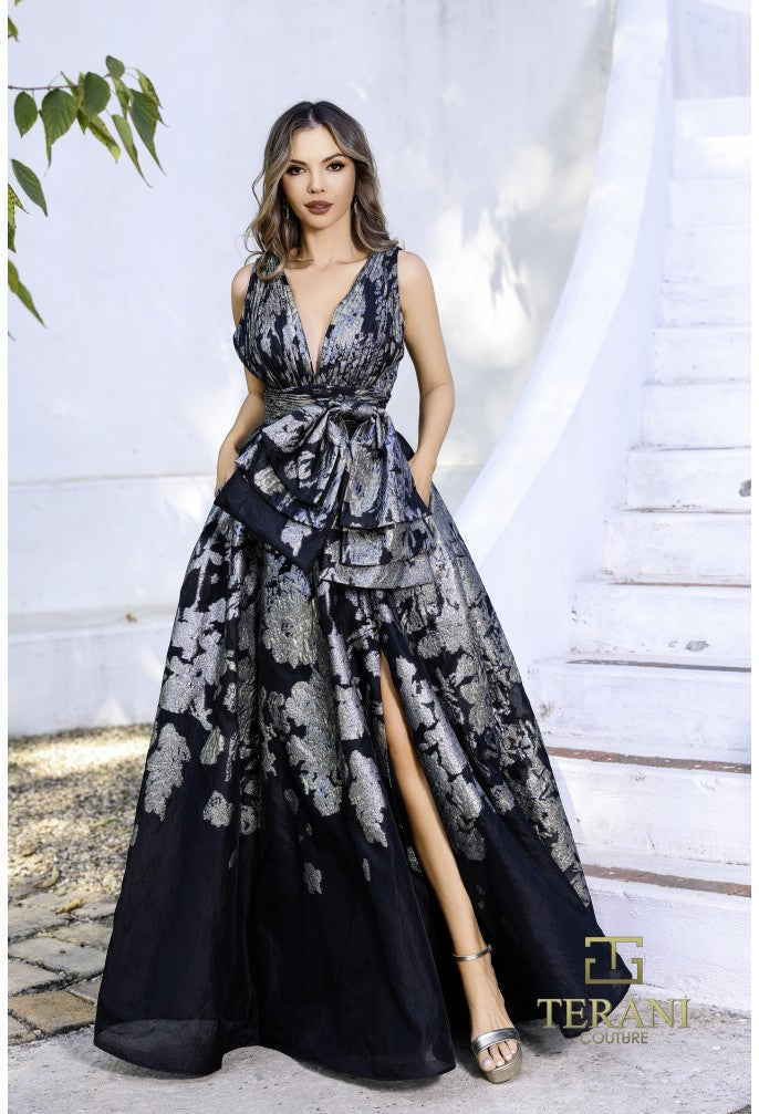 Terani Couture 252E5145 Metallic Floral Burnout A-Line Evening Dress – Black/Silver