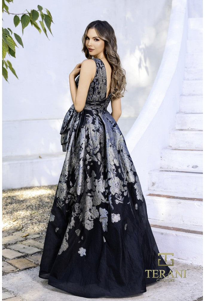 Terani Couture 252E5145 Metallic Floral Burnout A-Line Evening Dress – Black/Silver