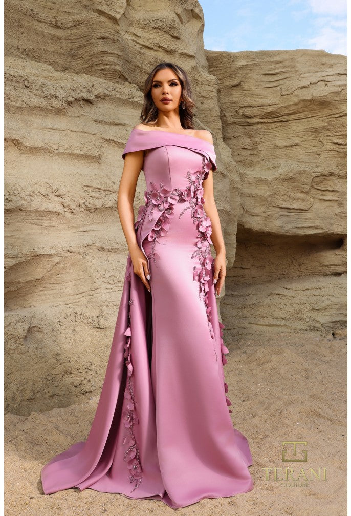 Terani Couture 252M5317 Off-Shoulder Floral Matte Satin Evening Gown – Rose Pink