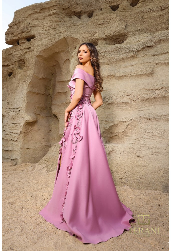 Terani Couture 252M5317 Off-Shoulder Floral Matte Satin Evening Gown – Rose Pink