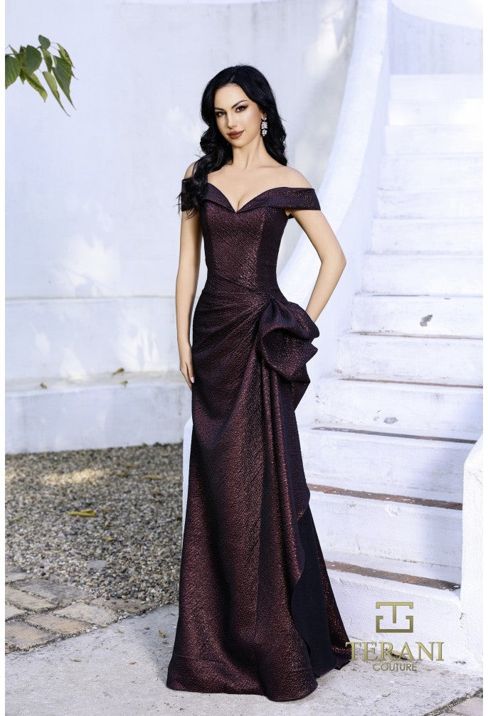 Terani Couture 252M5364 Off-Shoulder Jacquard Mermaid Evening Dress
