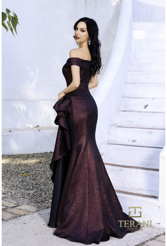 Terani Couture 252M5364 Off-Shoulder Jacquard Mermaid Evening Dress
