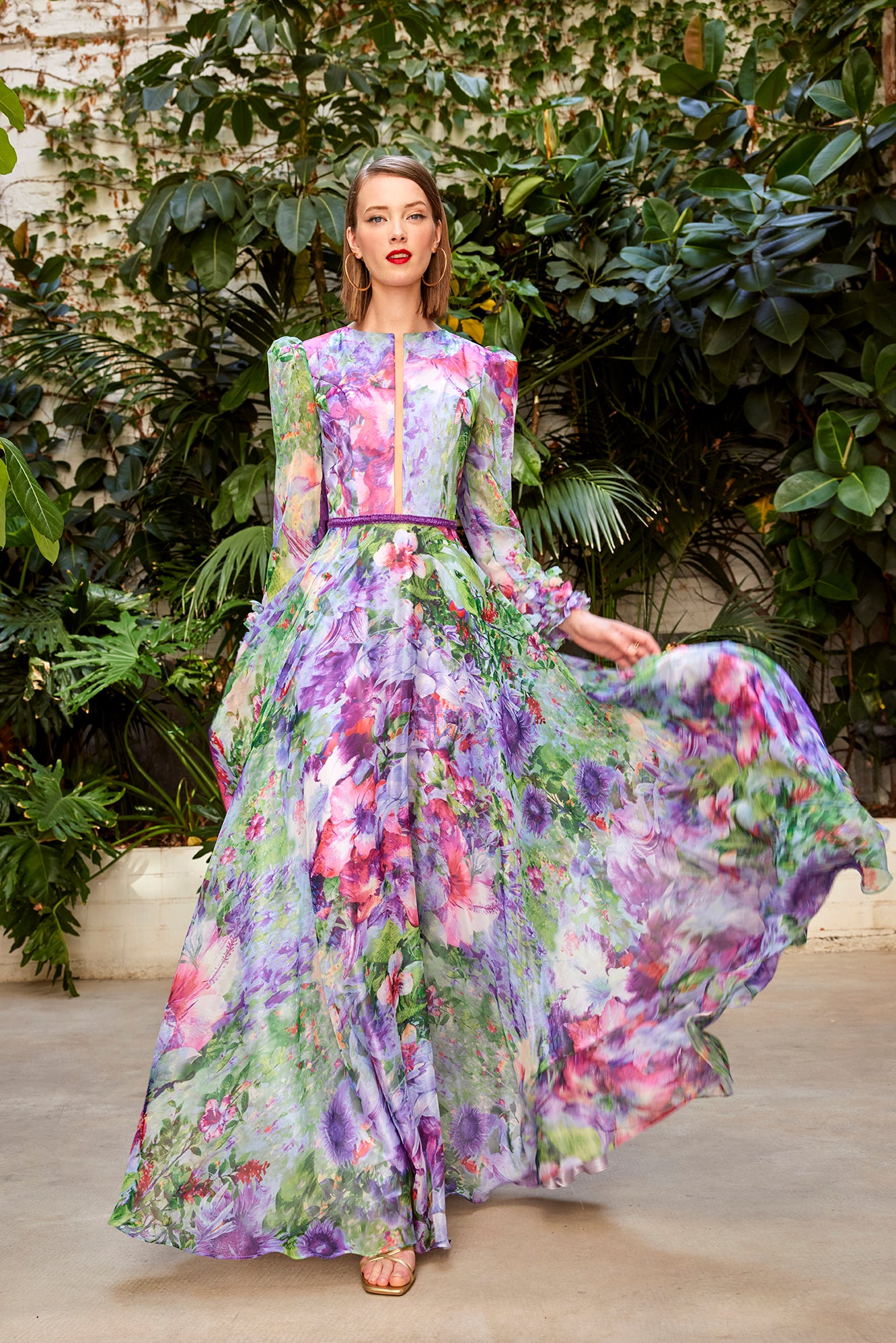 Carla Ruiz 50405: Spring-Inspired Floral Print Gown with Sheer Sleeves and Cinched Waist
