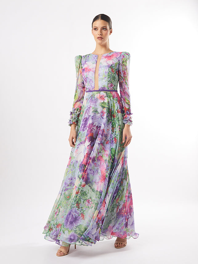 Carla Ruiz 50405: Spring-Inspired Floral Print Gown with Sheer Sleeves and Cinched Waist