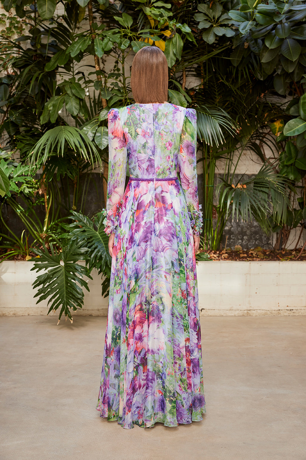 Carla Ruiz 50405: Spring-Inspired Floral Print Gown with Sheer Sleeves and Cinched Waist