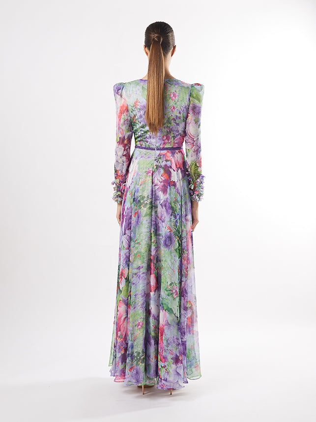 Carla Ruiz 50405: Spring-Inspired Floral Print Gown with Sheer Sleeves and Cinched Waist