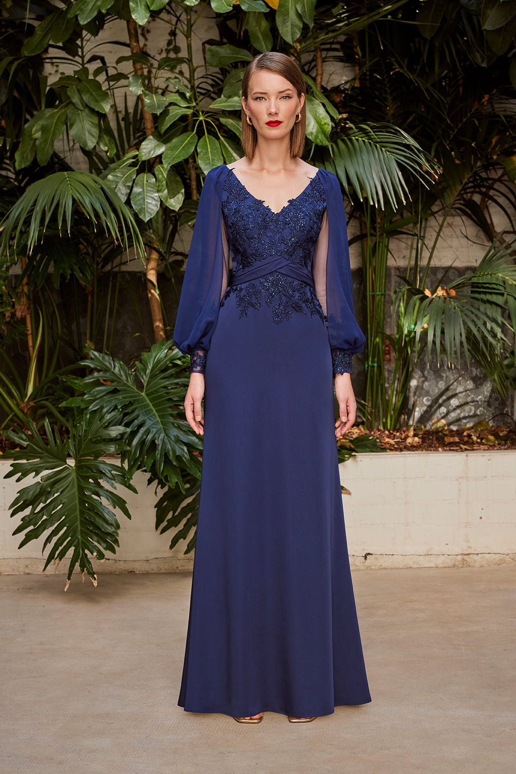 Carla Ruiz 50421: Elegant Maroon and Teal Evening Gown with Lace Embellishments and Sheer Sleeves