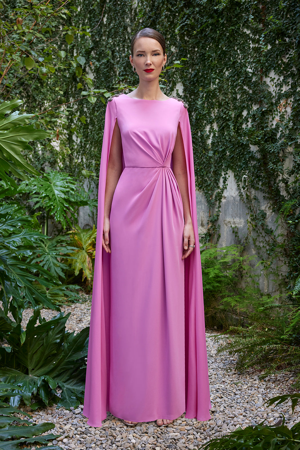 Carla Ruiz 50518: Elegant Cape-Sleeve Evening Gown with Crystal Embellishments