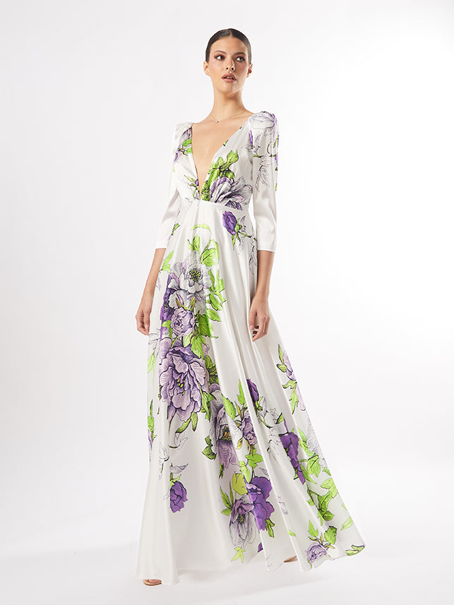 Carla Ruiz 50636: Elegant Floral Maxi Dress with V-Neck and Long Sleev Rofial Beauty Carla Ruiz 50636: Elegant Floral Maxi Dress with V-Neck and Long Sleev Rofial Beauty
