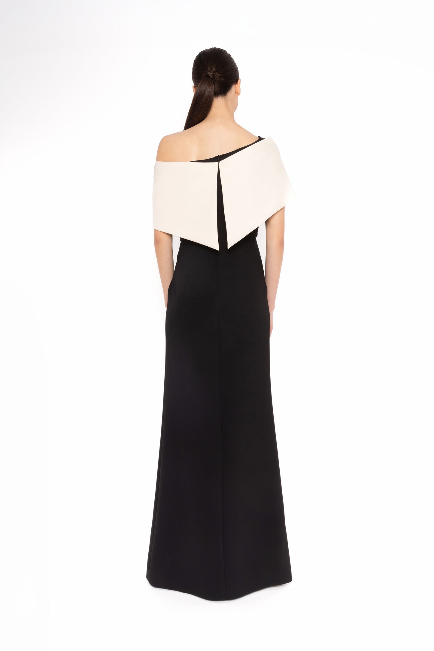 Carla Ruiz 52546 Off-Shoulder Color-Block Evening Gown with Pleated Panel