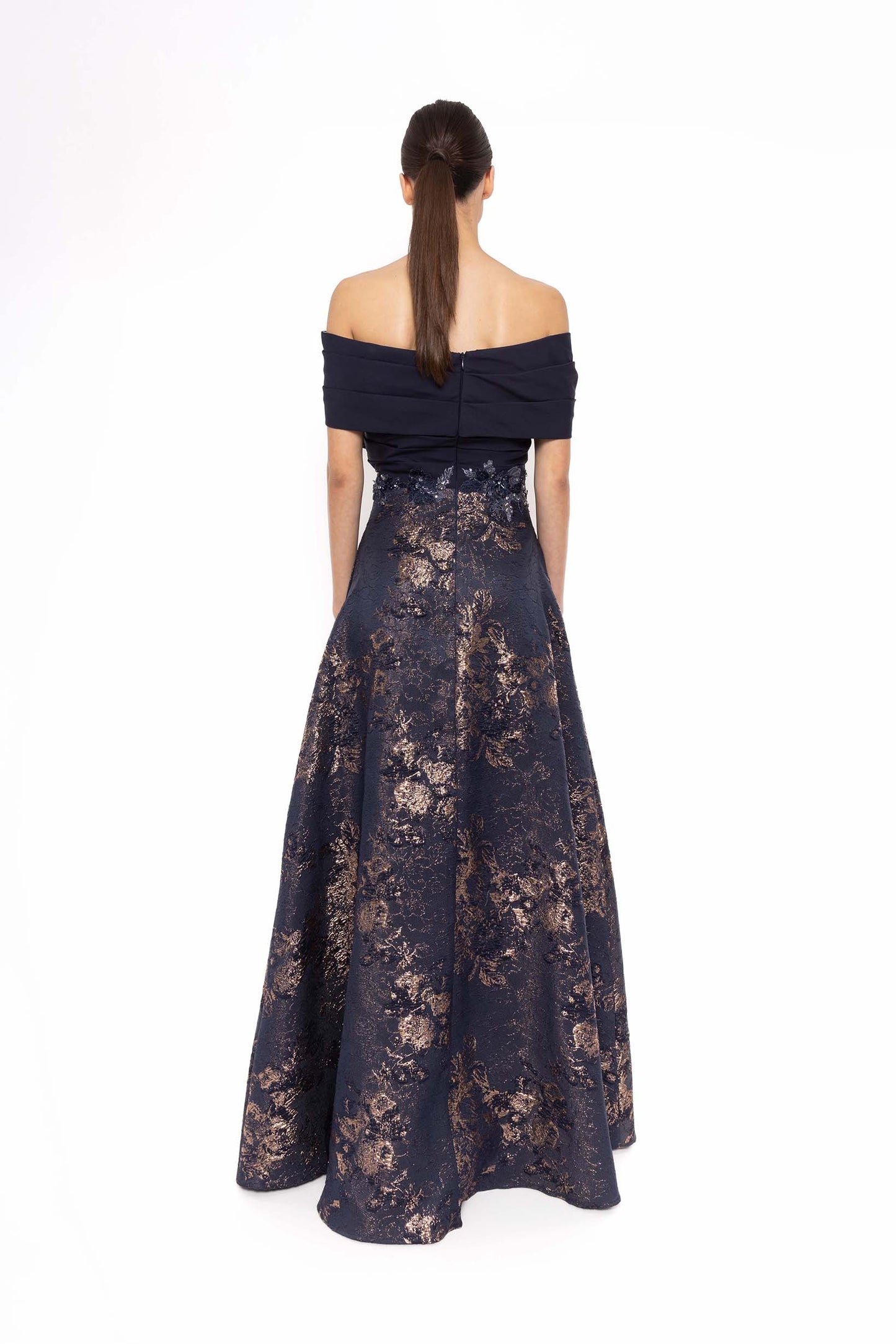 Carla Ruiz Off-Shoulder Jacquard Evening Gown with Metallic Detailing – 52716