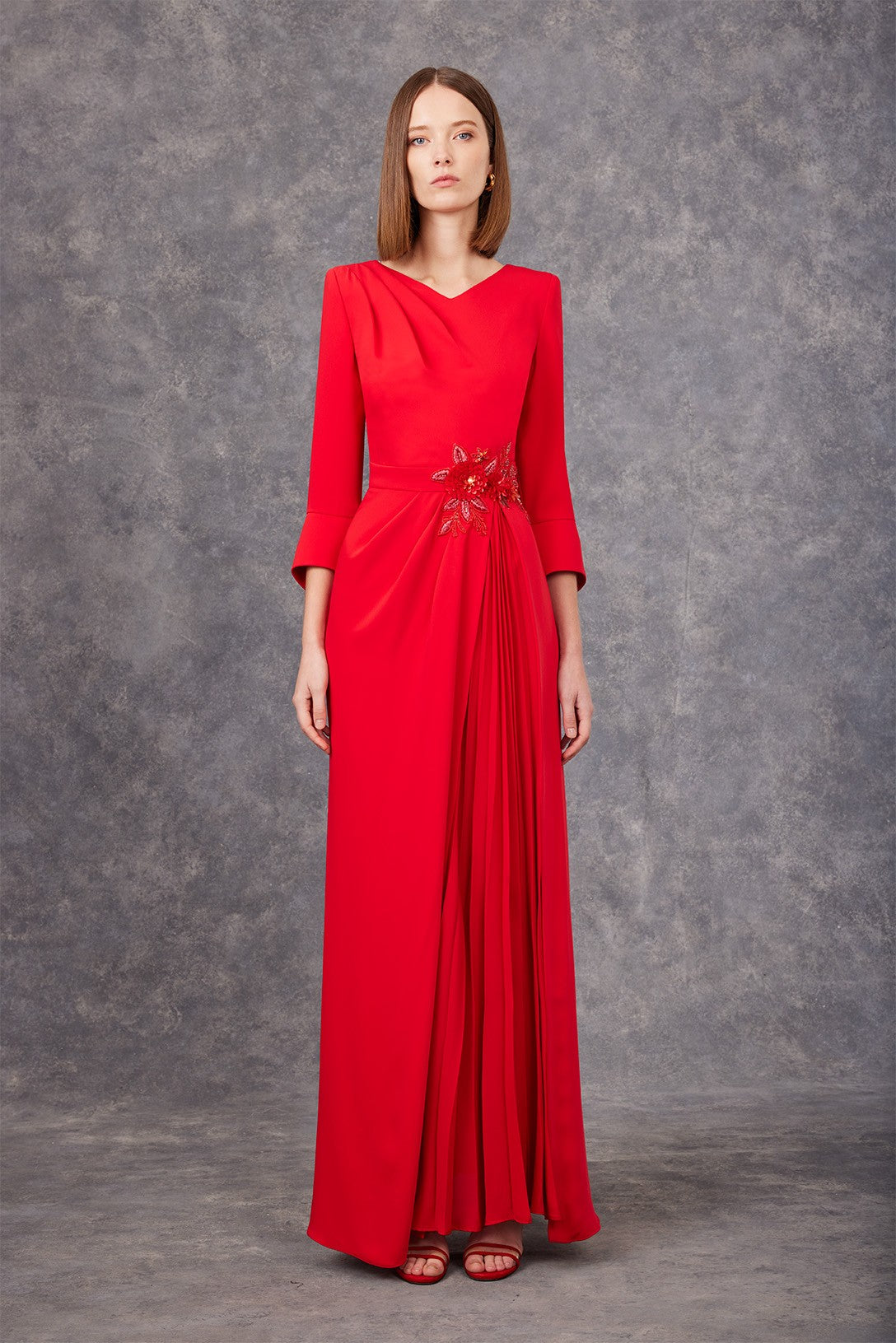 Carla-Ruiz-99596-Pleated-Dress-Embroidered-Body-Timeless-Elegance-Evening-Events-Detail-View - Rofial Beauty