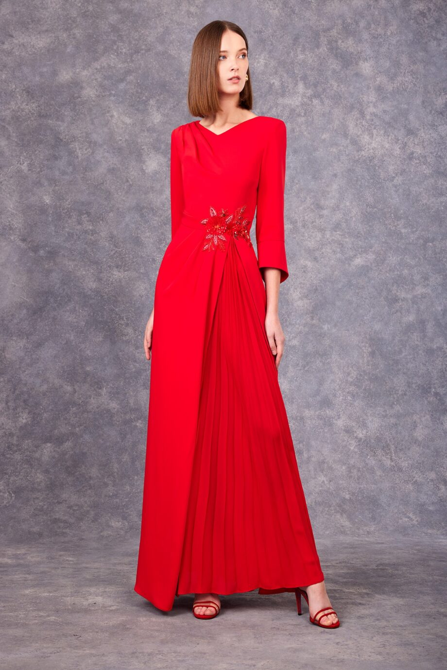 Carla-Ruiz-99596-Pleated-Dress-Embroidered-Body-Timeless-Elegance-Evening-Events-Front-View - Rofial Beauty