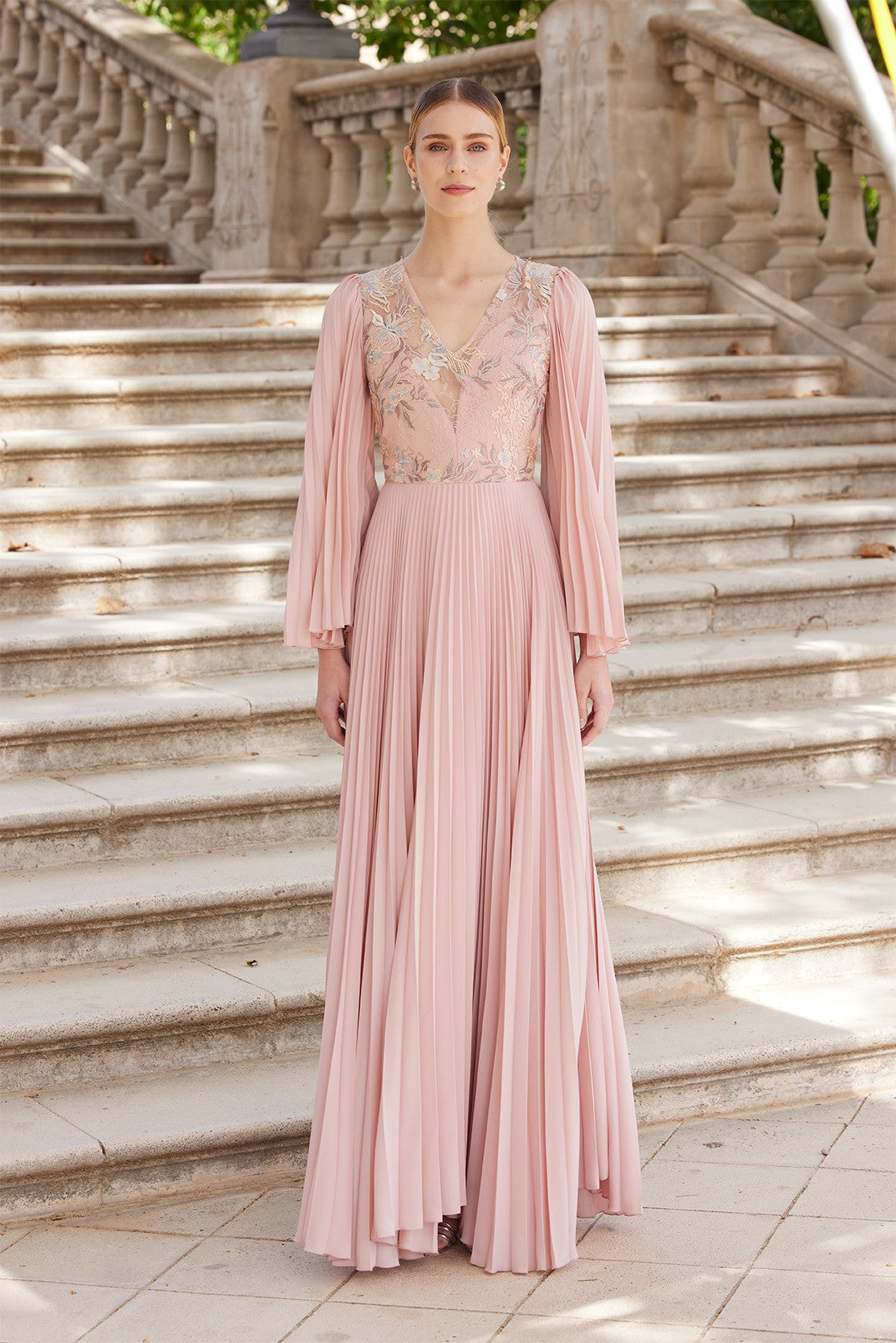 Carla-Ruiz-99596-Pleated-Dress-Embroidered-Body-Timeless-Elegance-Evening-Events-Detail-View - Rofial Beauty