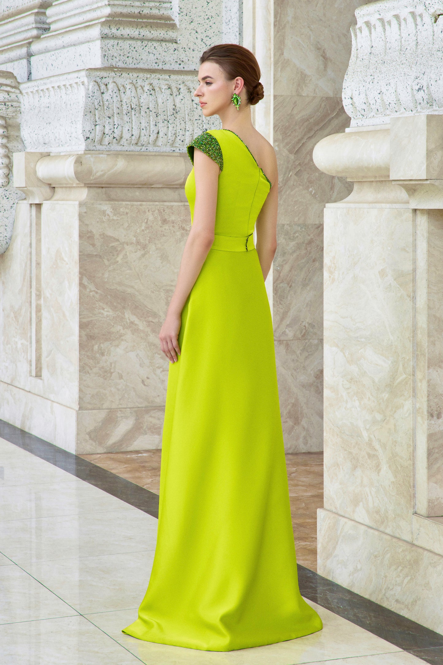 I.H.F Atelier: Exquisite Lime Green One-Shoulder Gown with Beaded Details