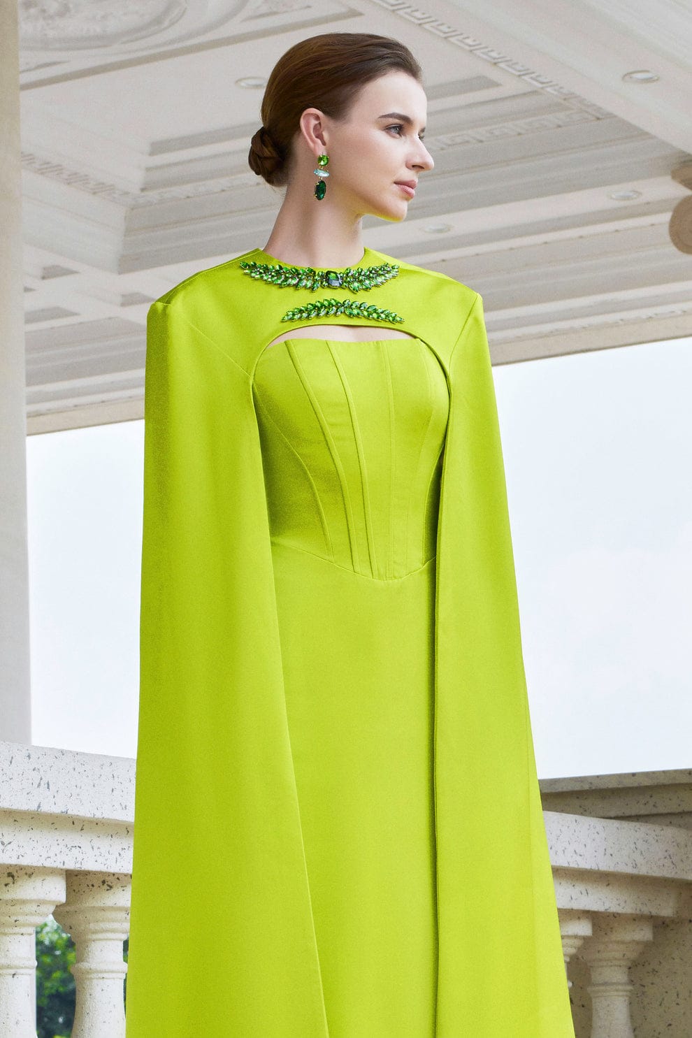I.H.F Atelier: Elegant Lime Green Gown with Cape and Beaded Details