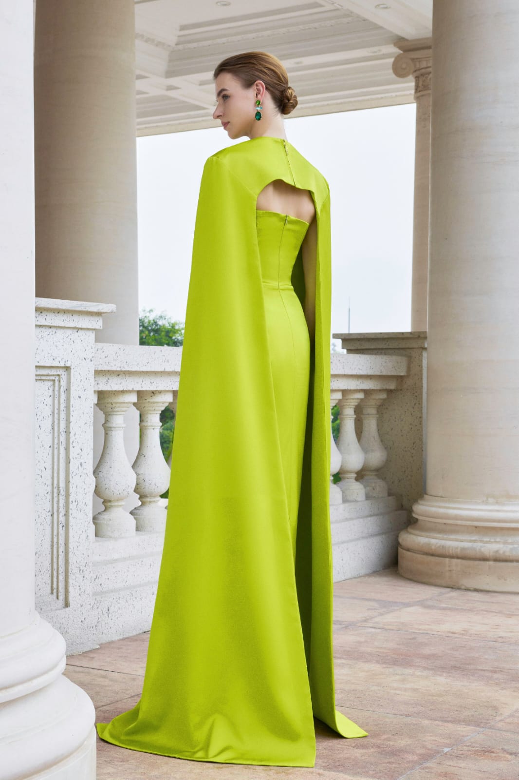 I.H.F Atelier: Elegant Lime Green Gown with Cape and Beaded Details