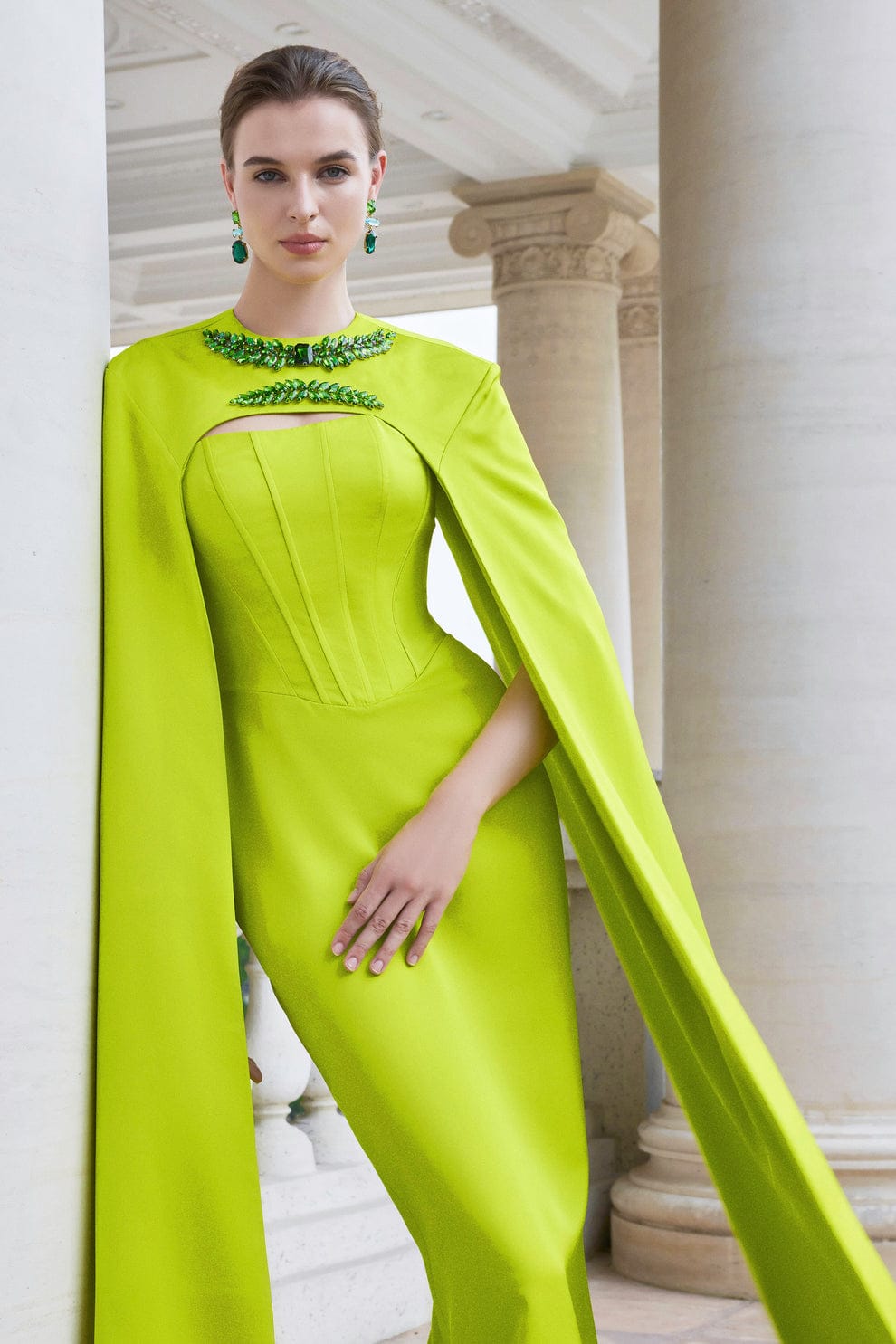 I.H.F Atelier: Elegant Lime Green Gown with Cape and Beaded Details