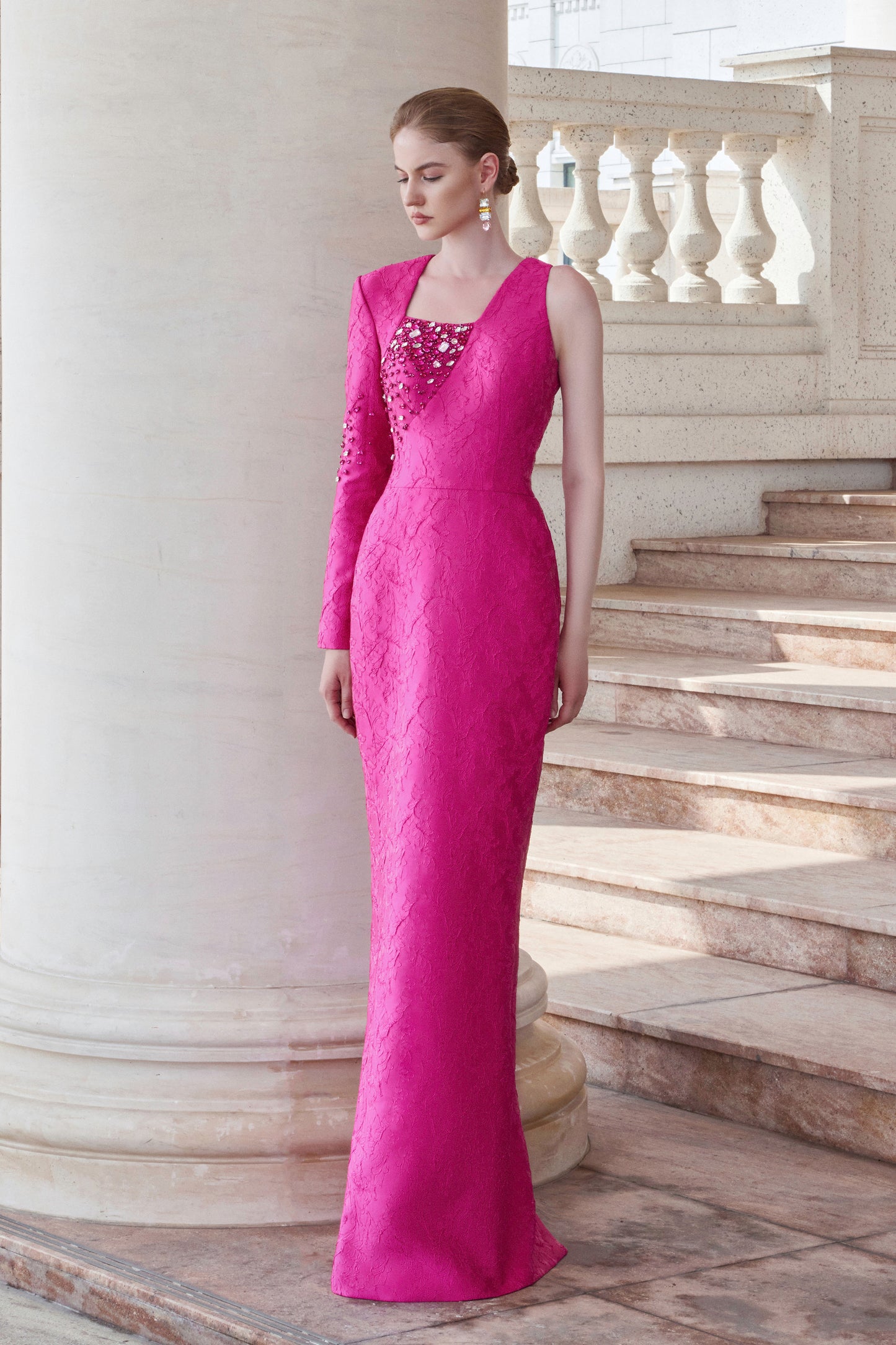 I.H.F Atelier: Elegant Fuchsia Acanthus Jacquard Gown with Beaded Details