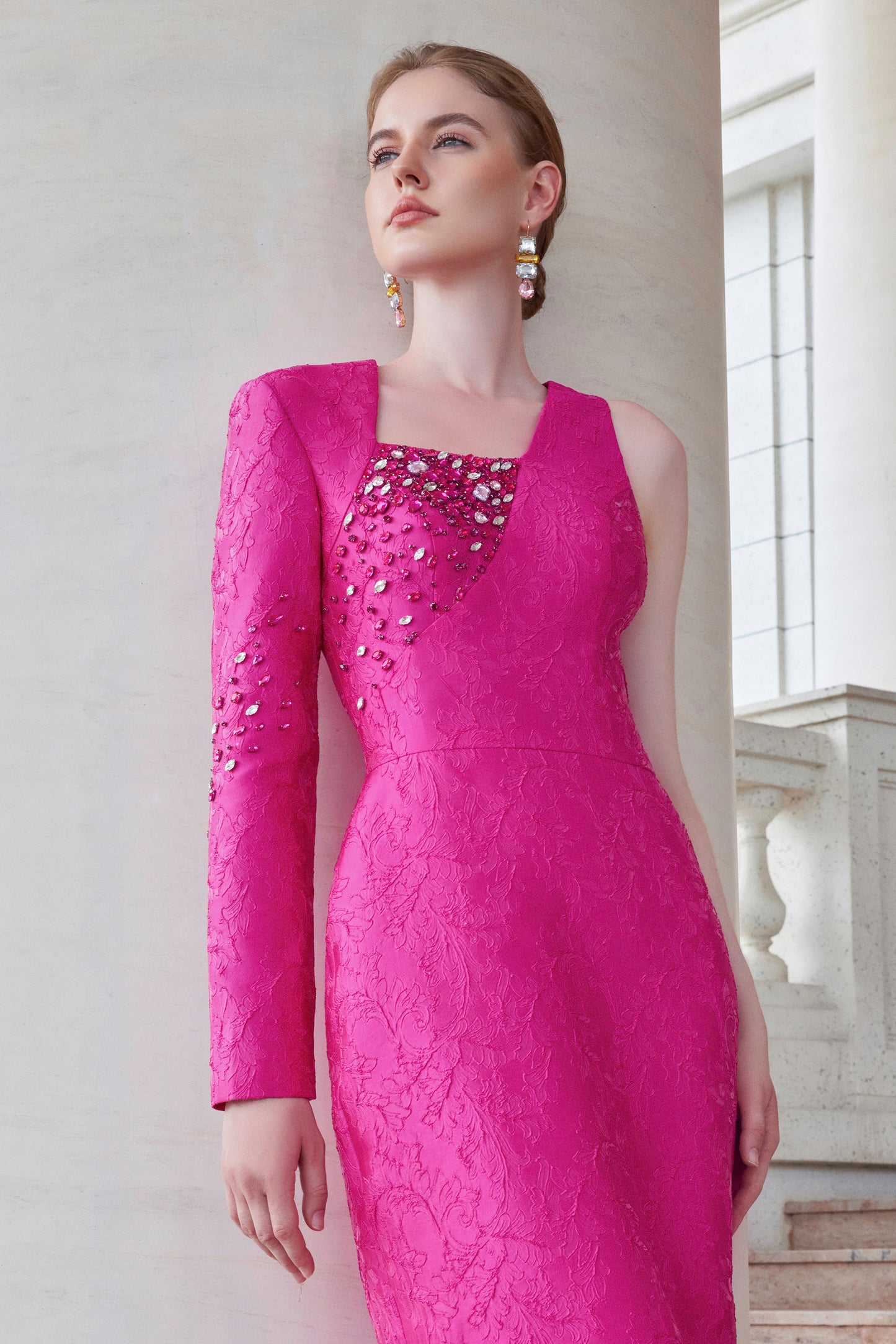 I.H.F Atelier: Elegant Fuchsia Acanthus Jacquard Gown with Beaded Details