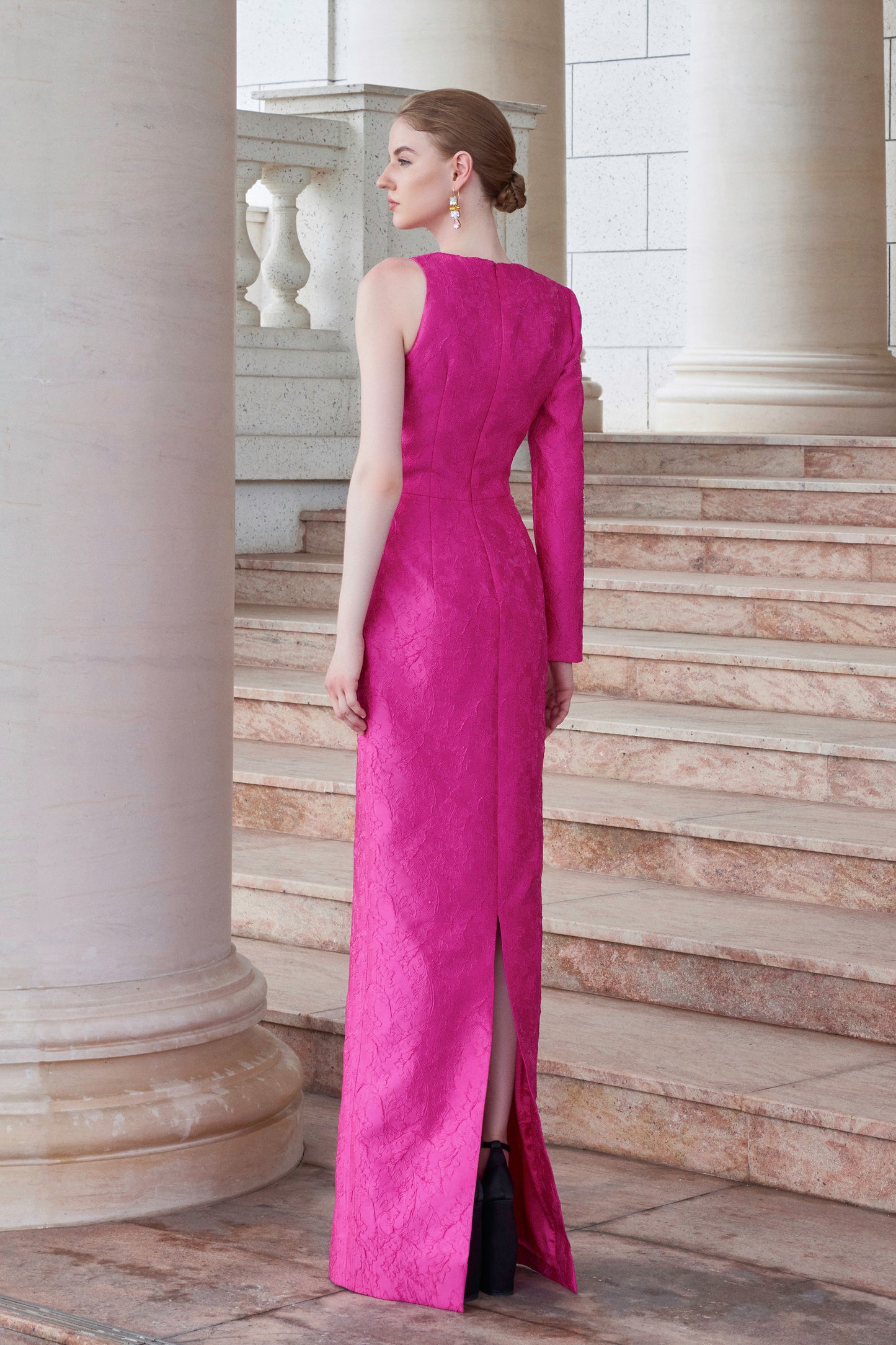 I.H.F Atelier: Elegant Fuchsia Acanthus Jacquard Gown with Beaded Details
