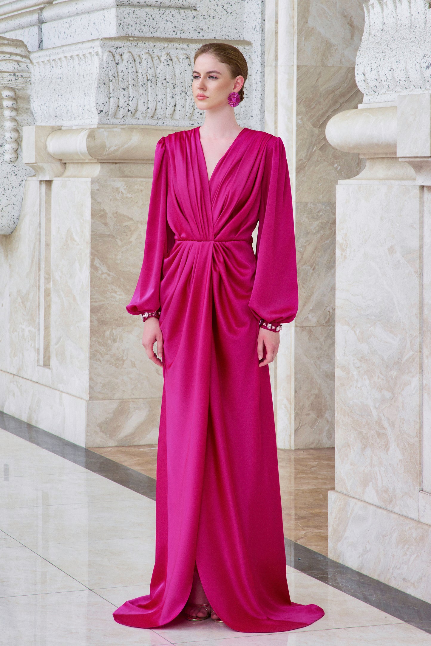 I.H.F Atelier: Luxurious Fuchsia Satin Gown with Draped Design