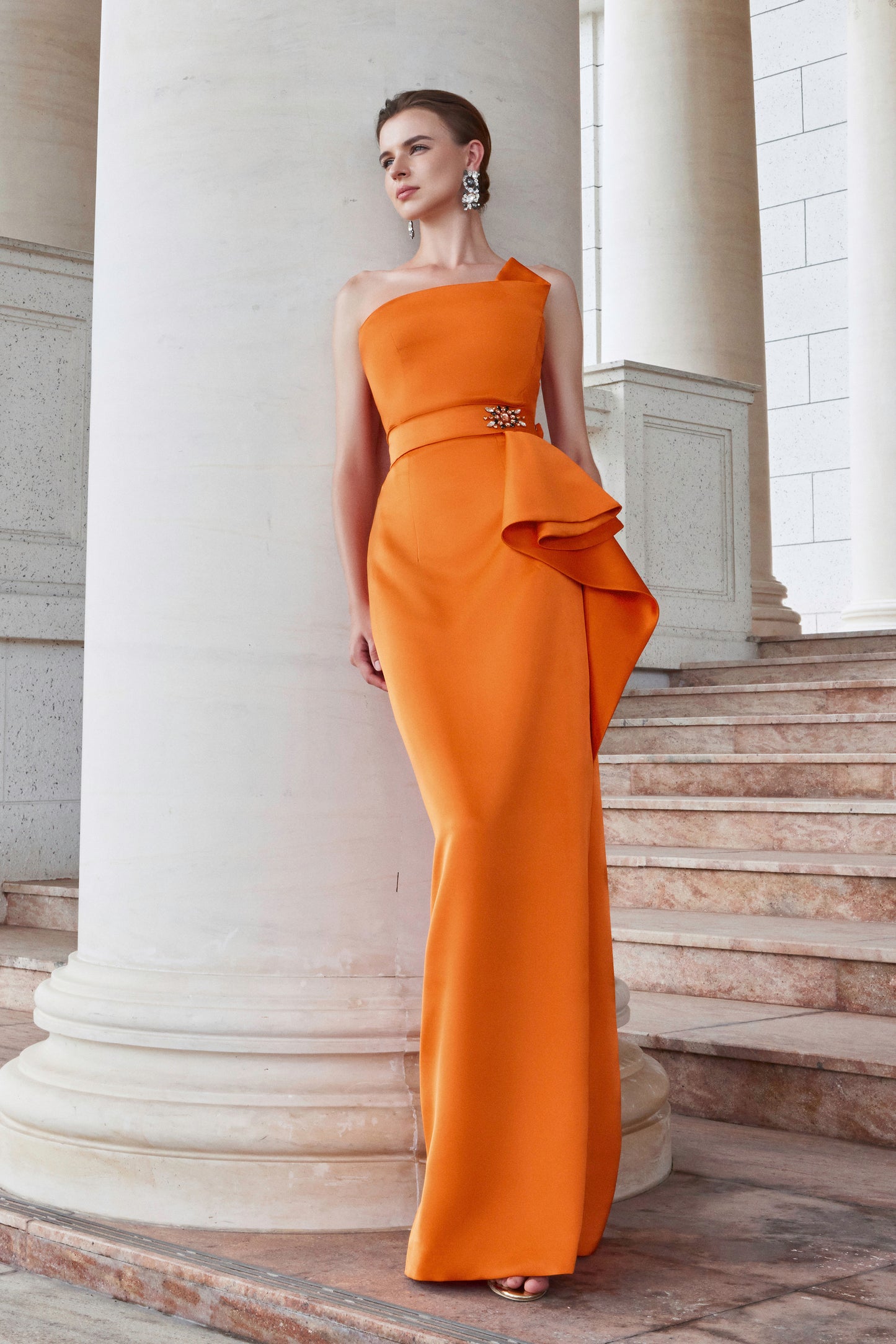 I.H.F Atelier: Stunning Orange One-Shoulder Agate Silk Evening Dress