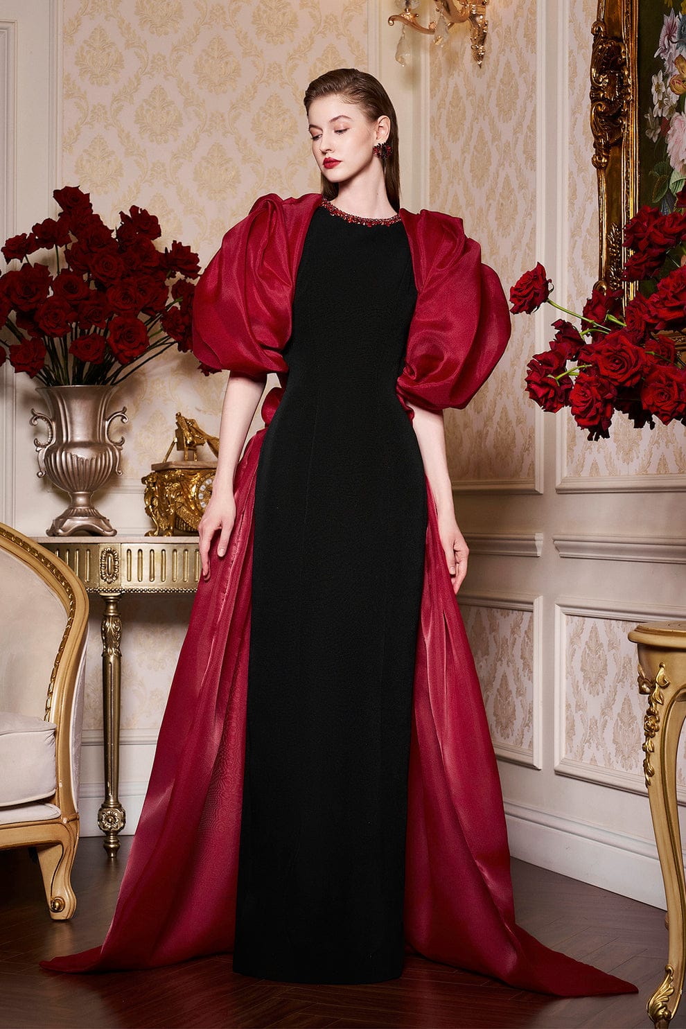 I.H.F Atelier: Elegant Black and Red Gown with Dramatic Puff Sleeves