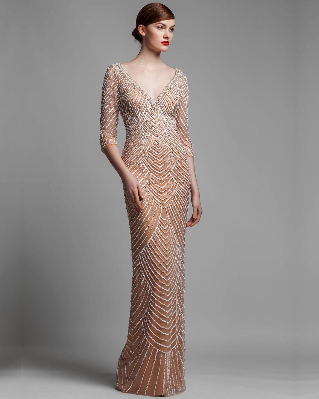 Gemy Maalouf BC1418 Beaded Long Dress in Ivory Skin - Exquisite Elegance with Dropped Neckline
