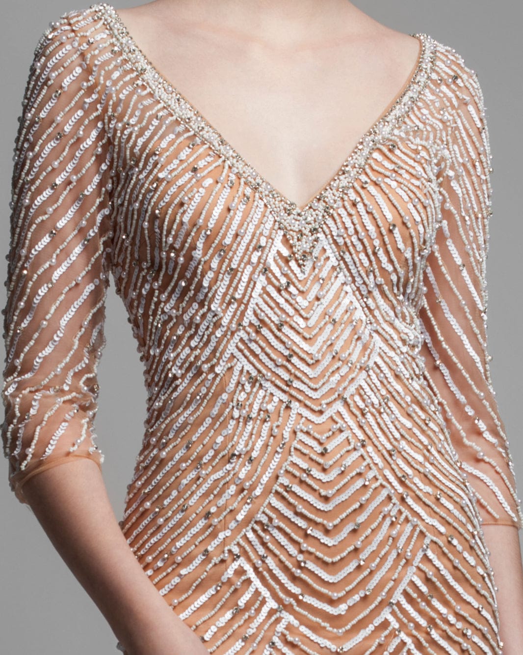 Gemy Maalouf BC1418 Beaded Long Dress in Ivory Skin - Exquisite Elegance with Dropped Neckline