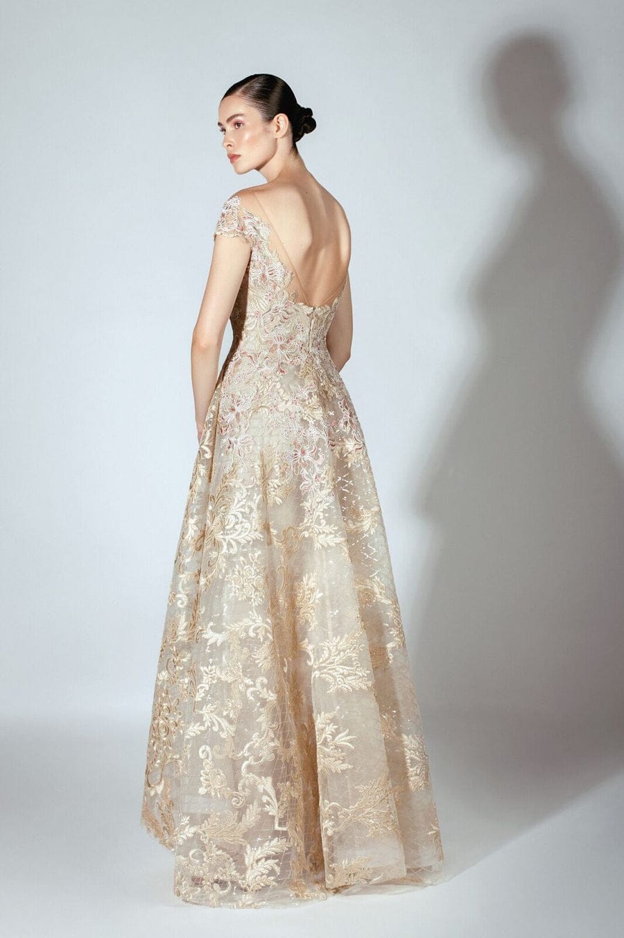 Beside-Couture-Dress-BC1424-Gold-Pink-Off-Shoulder-Embroidered-Lace-Elegance-Back-View - Rofial Beauty