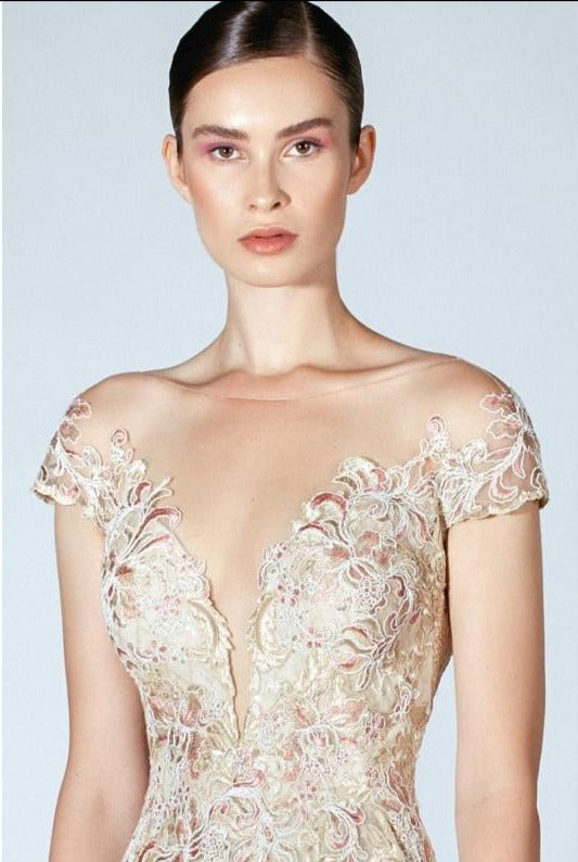 Beside-Couture-Dress-BC1424-Gold-Pink-Off-Shoulder-Embroidered-Lace-Elegance-Detail-View - Rofial Beauty