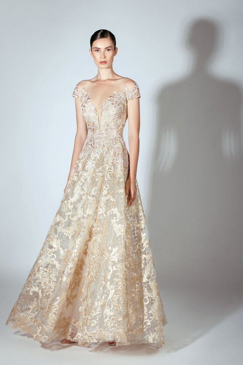Beside-Couture-Dress-BC1424-Gold-Pink-Off-Shoulder-Embroidered-Lace-Elegance-Front-View - Rofial Beauty